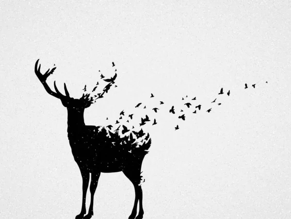 Abstract Deer Flying Birds Endangered Animal Black White Silhouette — Stockový vektor