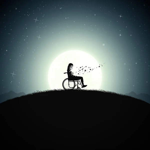 Girl Sitting Wheelchair Death Afterlife Full Moon Silhouette — Stockvektor