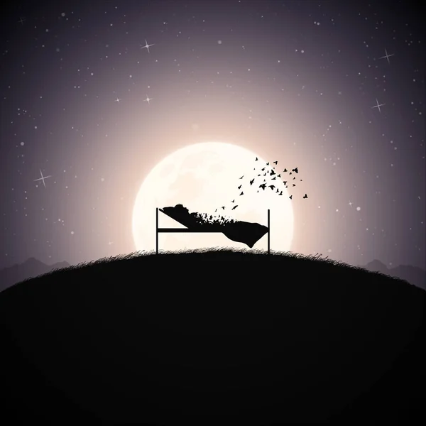 Old Woman Lying Bed Death Afterlife Full Moon Silhouette — 스톡 벡터