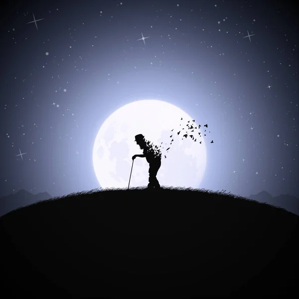 Old Man Cane Seniors Silhouette Death Afterlife Full Moon — Image vectorielle