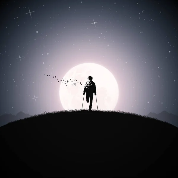 Man Crutches Flying Birds Death Afterlife Full Moon Silhouette — Vector de stock