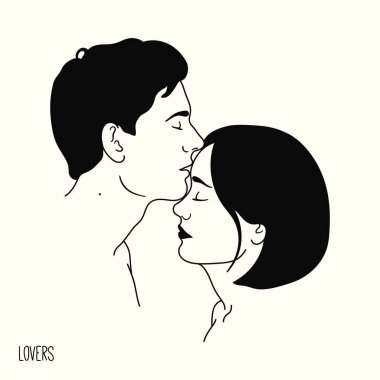 Couple in love. Romantic lovers portrait. Linear sketch logo tattoo