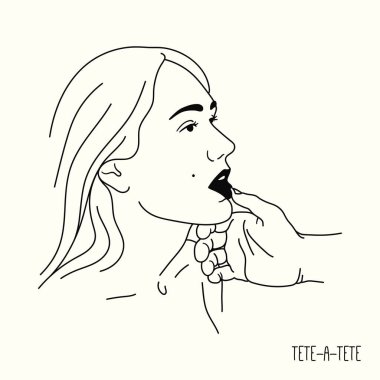 Girl in love. Sensual woman face. Male hand. Linear sketch logo tattoo