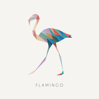 Çokgen flamingo. Alçak polyester kuş. Geometrik logo simgesi. Üçgen grafiği