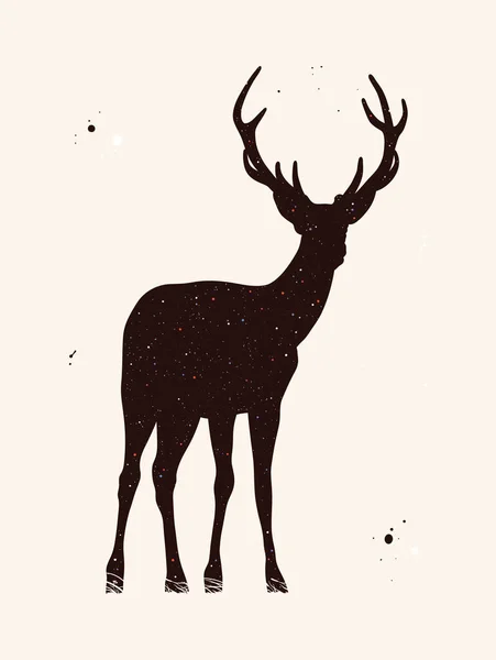 Silueta Ciervo Rojo Forma Animal Abstracta Noche Cielo Estrellado Textura — Vector de stock