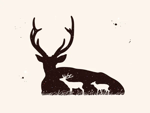 Deer Family Walk Grass Lying Animal Silhouette Night Starry Sky — Stock Vector