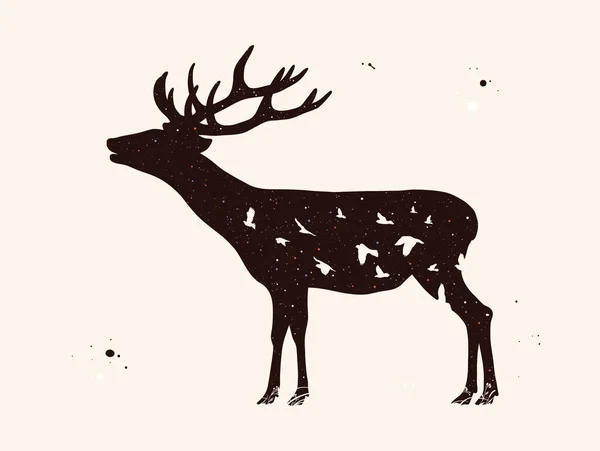 Deer Silhouette Abstract Animal Shape Flying Birds Night Starry Sky — Stock Vector