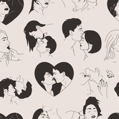 People in love digital paper. Couple in heart frame. Seamless pattern