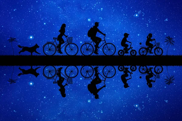 Οικογένεια Ποδήλατα Την Μπλε Νύχτα Γονείς Παιδιά Κύκλοι Και Σκύλοι — Διανυσματικό Αρχείο