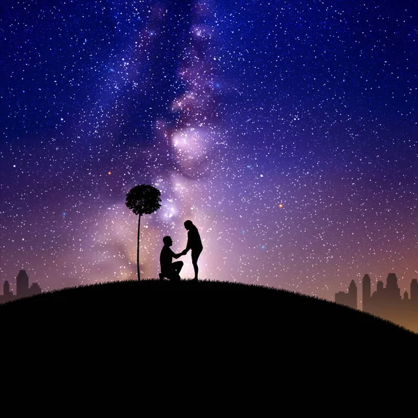 Amantes Debaixo Árvore Parque Pedido Casamento Láctea Céu Noturno —  Vetores de Stock