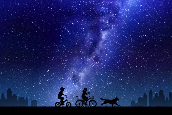 Dzieci Rowerach Chłopiec Dziewczynka Pies Droga Mleczna Nocnym Niebie — Wektor stockowy