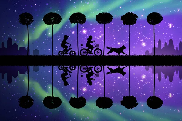 子供は自転車に乗る 男の子も女の子も犬も 夜空の天の川 — ストックベクタ
