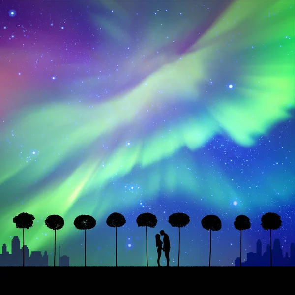 Amoureux Arbres Dans Parc Deux Silhouettes Nuit Étoilée Voie Lactée — Image vectorielle