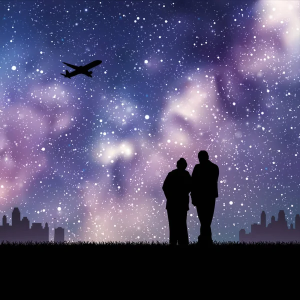 老年人和飞机在晚上 老年人在公园的轮廓 银河路 — 图库矢量图片