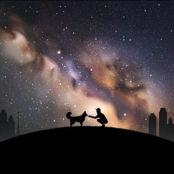 Дівчина Собакою Парку Жінка Тварина Силует Чумацький Шлях Вночі — стоковий вектор
