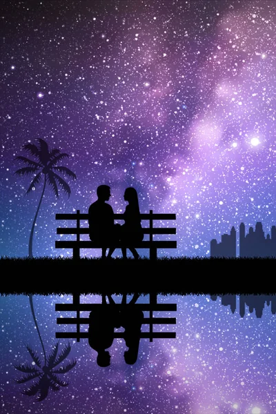 Gli Amanti Sulla Panchina Nel Parco Bella Silhouette Coppia Lattea — Vettoriale Stock