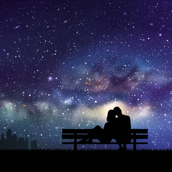 情侣们在公园的长椅上 夜晚的夫妇轮廓 天空中的银河 — 图库矢量图片