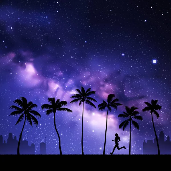 Uma Rapariga Correr Parque Corredor Feminino Noite Láctea Céu Estrelado — Vetor de Stock