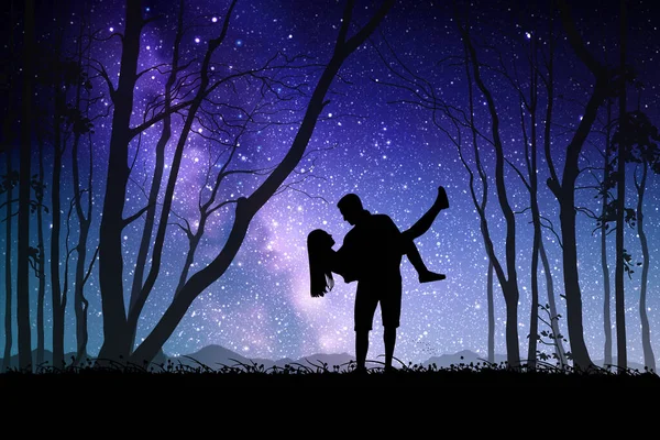 Liebende Der Nacht Paarsilhouette Wald Milchstraße Sternenhimmel — Stockvektor