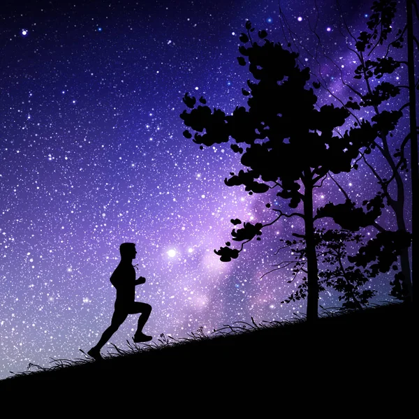 Homme Monte Nuit Silhouette Coureur Masculin Voie Lactée Étoiles — Image vectorielle