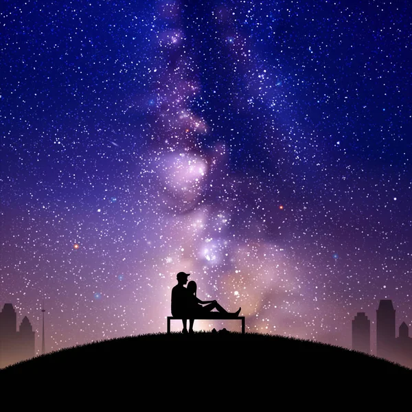 情侣们在公园的长椅上 可爱的夫妇轮廓在夜晚 银河路 — 图库矢量图片