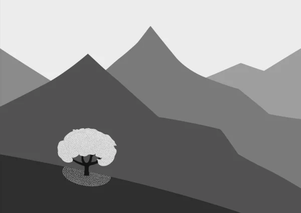 Einsam Blühender Baum Den Bergen Abstrakte Schwarz Weiß Landschaft — Stockvektor