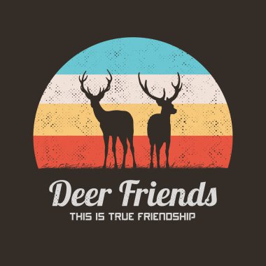  Two red deers. Animal couple silhouette. Retro vintage t-shirt design clipart