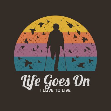  Koltuk değnekli adam. Engelli adam silueti. Uçan kuş. Retro tişört