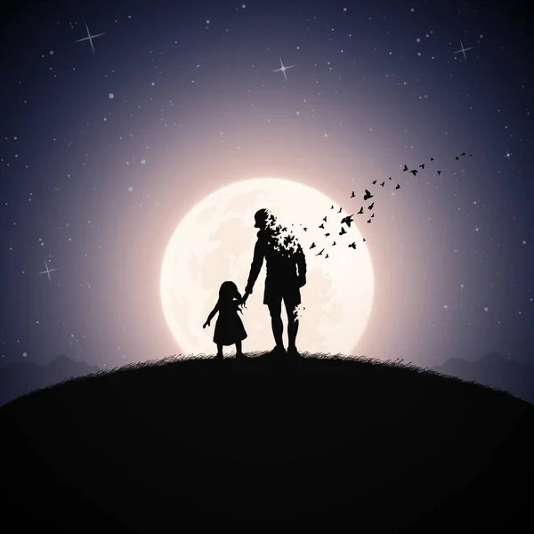 父亲和女儿的轮廓 死亡和来世 满月之夜 — 图库矢量图片