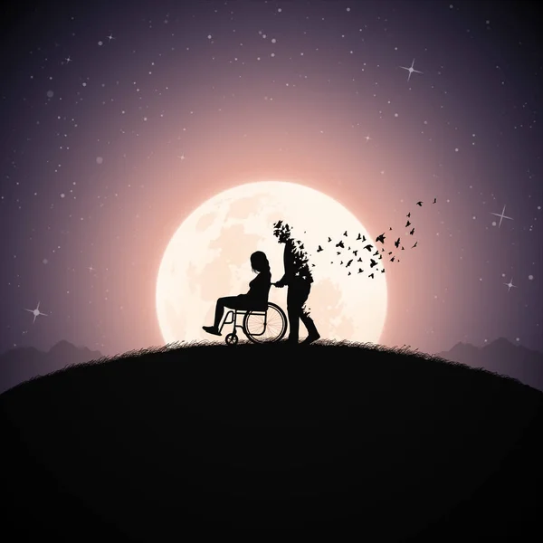 Niepełnosprawna Kobieta Wózku Inwalidzkim Śmierć Życie Śmierci Pełnia Księżyca — Wektor stockowy