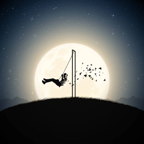 Garçon Sur Silhouette Swing Enfant Mourant Mort Delà Pleine Lune — Image vectorielle