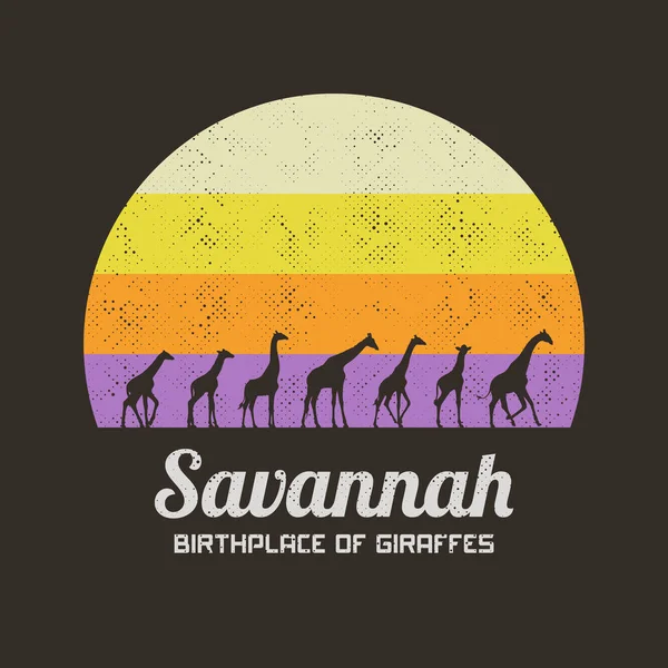 Silueta Familia Jirafa Rebaño Animales Savannah Camiseta Retro — Vector de stock