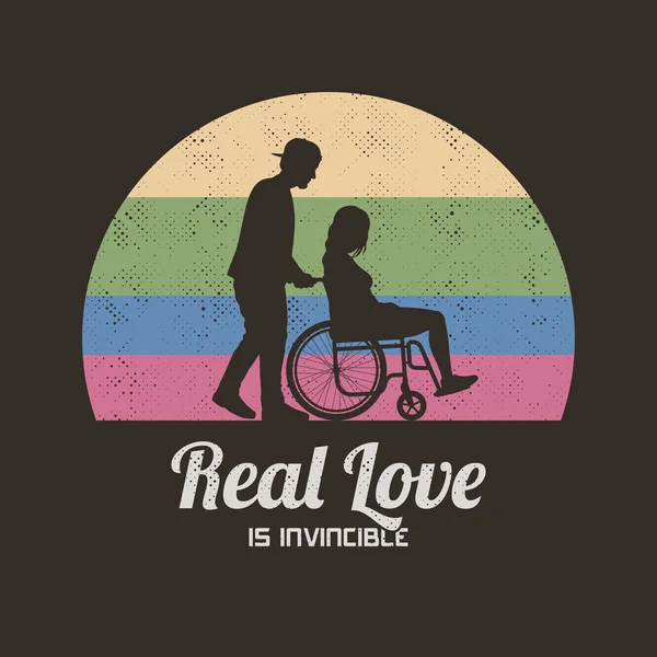 Disabled Woman Wheelchair Couple Love Retro Vintage Shirt — Stock Vector