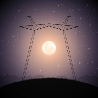  Tepedeki iletişim kulesi. Büyük dolunay. Gece endüstriyel manzarası