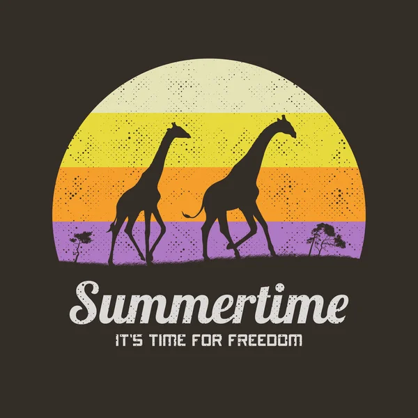 长颈鹿家族在草原上管理动物 复古复古T恤 — 图库矢量图片