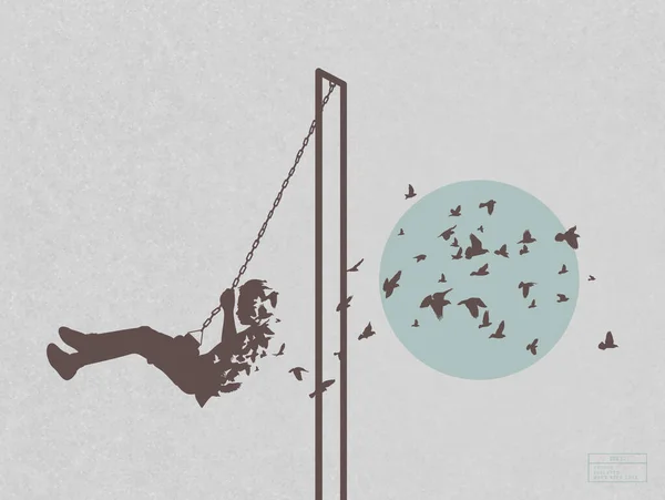 スイング中の男の子 子供のシルエットで死ぬ 死と死後 空飛ぶ鳥 — ストックベクタ