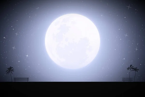 Paysage Urbain Nocturne Avec Une Énorme Lune Bancs Palmiers Dans — Image vectorielle