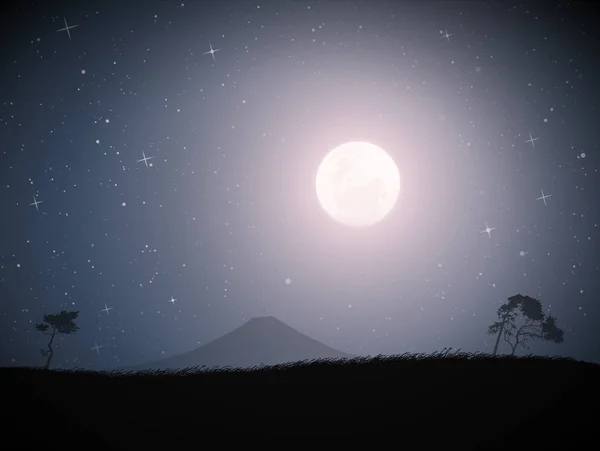 Paysage Avec Savanes Montagne Pleine Lune Dans Ciel Étoilé — Image vectorielle
