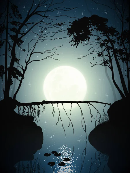 Падшее Дерево Ночном Лесу Пейзаж Узкой Рекой Луной — стоковый вектор