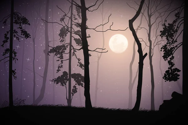 Les Svitu Měsíce Obnažené Siluety Stromů Úplněk Hvězdy — Stockový vektor