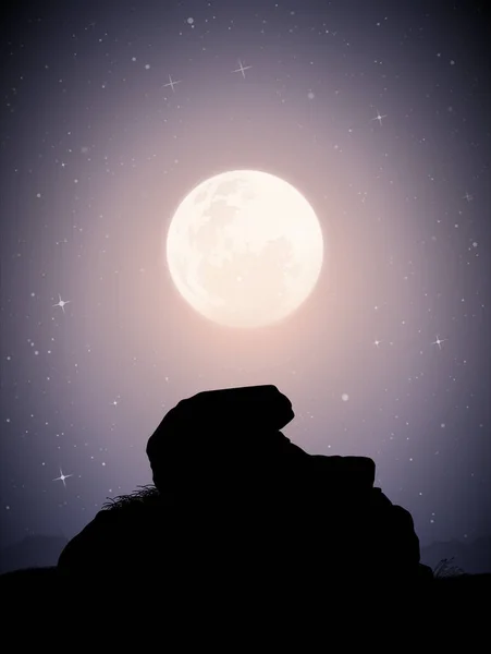 Paysage Avec Grande Pierre Lors Nuit Clair Lune Pleine Lune — Image vectorielle
