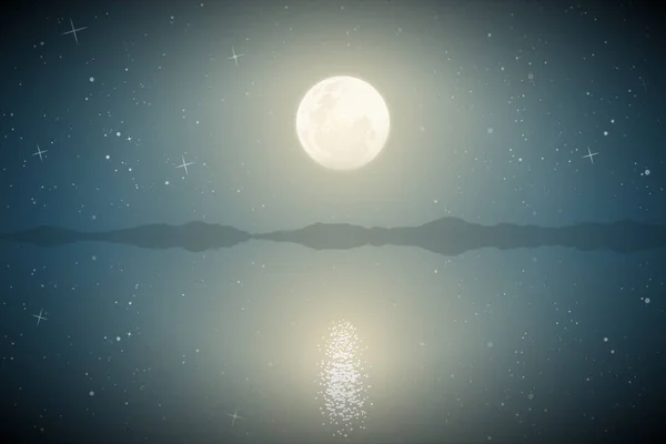 Большое Горное Озеро Ночью Пейзаж Полной Луной Звездным Небом — стоковый вектор