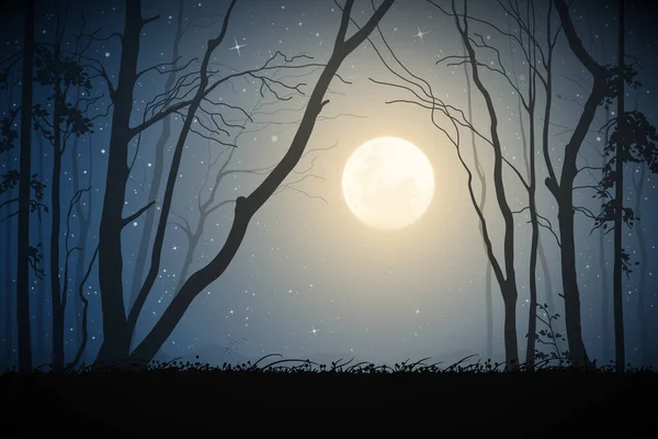 Лес Лунную Ночь Голые Силуэты Деревьев Полная Луна Звезды — стоковый вектор