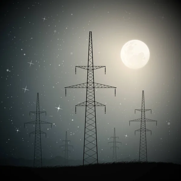 Transmission Towers Moonlight Starry Night Industrial Landscape — Stock Vector