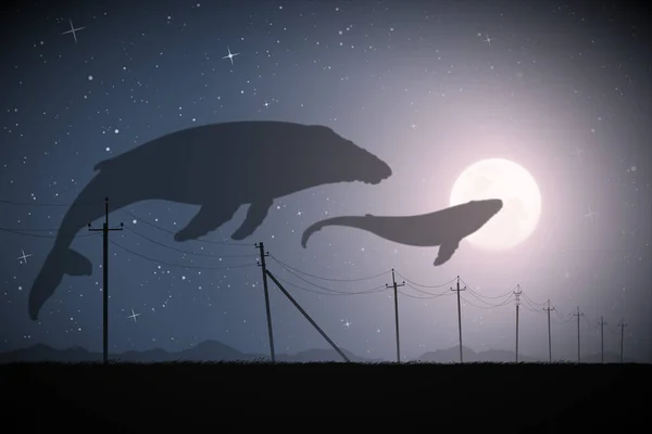 Ιπτάμενες Φάλαινες Στο Φεγγάρι Φανταστική Οικογένεια Ζώων Νυχτερινό Τοπίο — Διανυσματικό Αρχείο