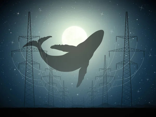 Baleia Voadora Noite Animal Enorme Surreal Paisagem Com Lua Cheia —  Vetores de Stock