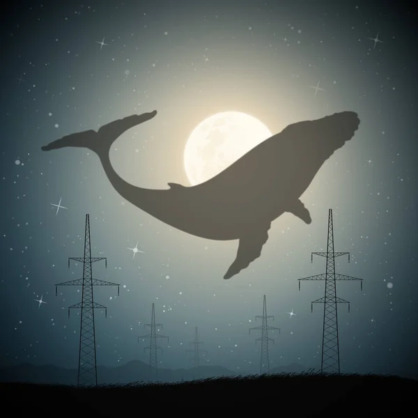 Fliegender Wal Mondlicht Fantastisches Tier Surreale Nächtliche Landschaft — Stockvektor
