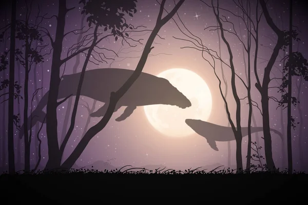 Ιπτάμενη Φάλαινα Φανταστικό Ζώο Στο Νυχτερινό Δάσος Τοπίο Πανσέληνο — Διανυσματικό Αρχείο