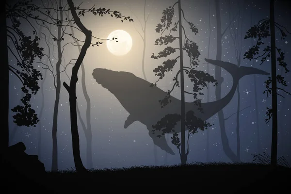Létající Velryba Lese Mystická Zvířecí Moucha Surreálná Noční Krajina — Stockový vektor