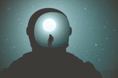  Kasklı astronot. Kozmonot kafaya yakın çekim. Bilim kurgu. Dolunay